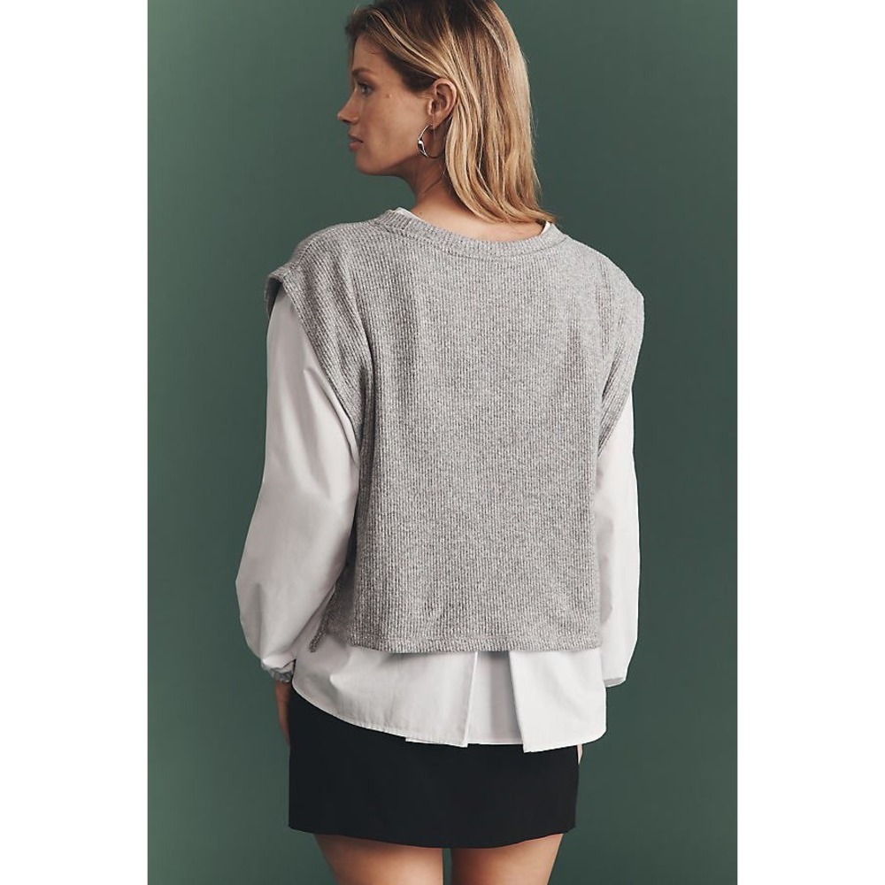 Maeve Anthropologie Twofer Ribbed Sweater Poplin Shirt Layered Top Grey White M - Picture 2 of 9